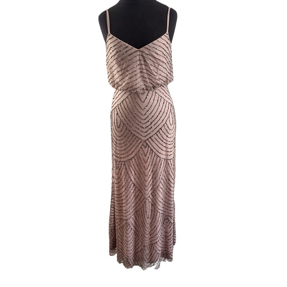 Adrianna Papell Women's Long Beaded Art Deco Blouson Gown Taupe/Pink Size 4 - Picture 16 of 16